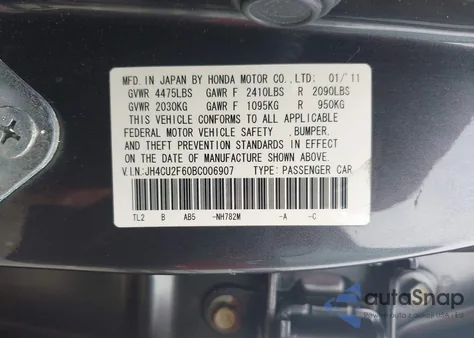 2011 Acura Tsx 2.4 из США, поврежденный, VIN JH4CU2F60BC006907